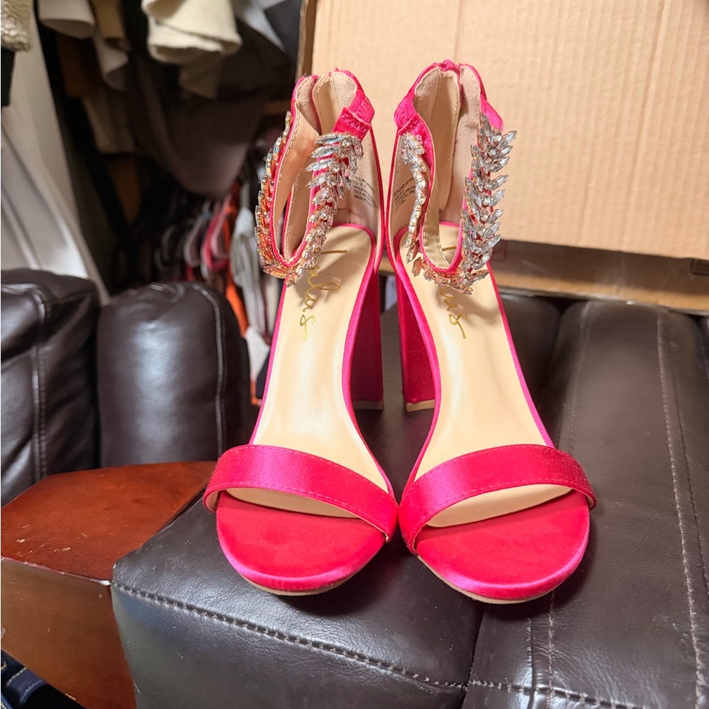Lulu's Hot Pink Satin Block Heels with Ankle Detail